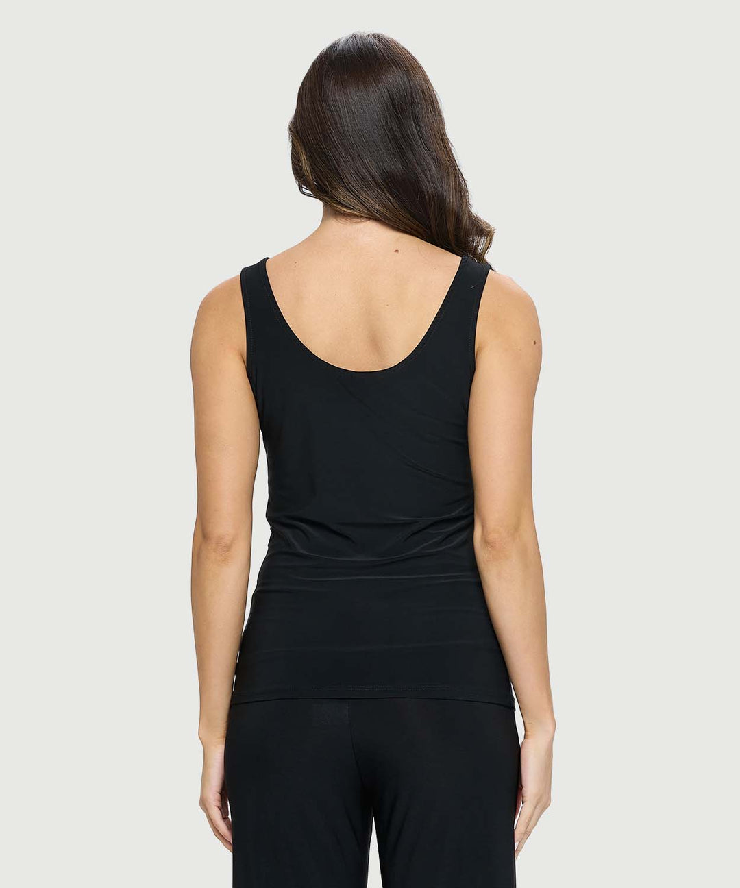 Rear view of the Last Tango wrinkle resistant tank top, showcasing the flattering deep scoop back design.