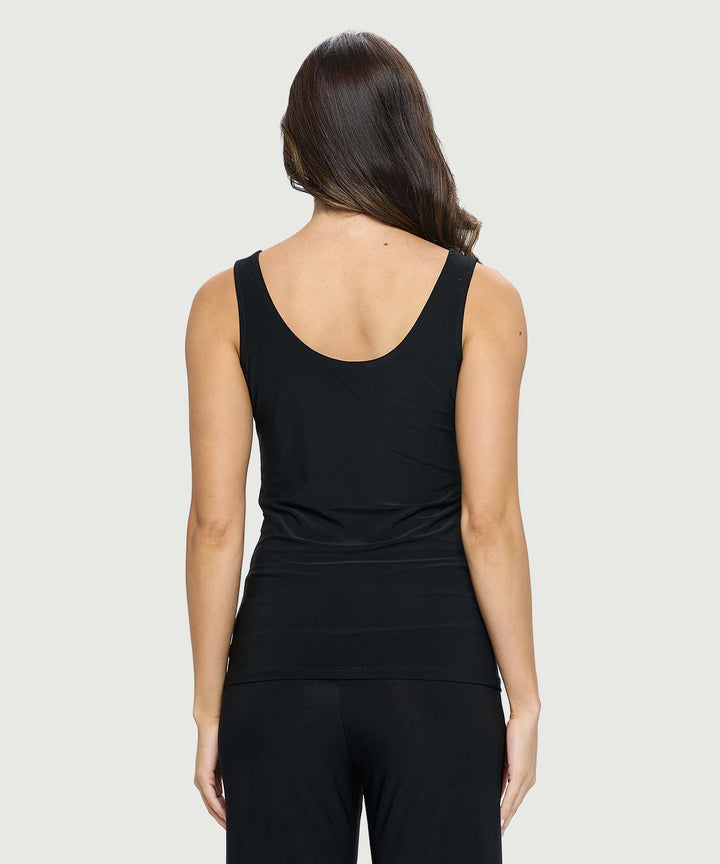 Rear view of the Last Tango wrinkle resistant tank top, showcasing the flattering deep scoop back design.