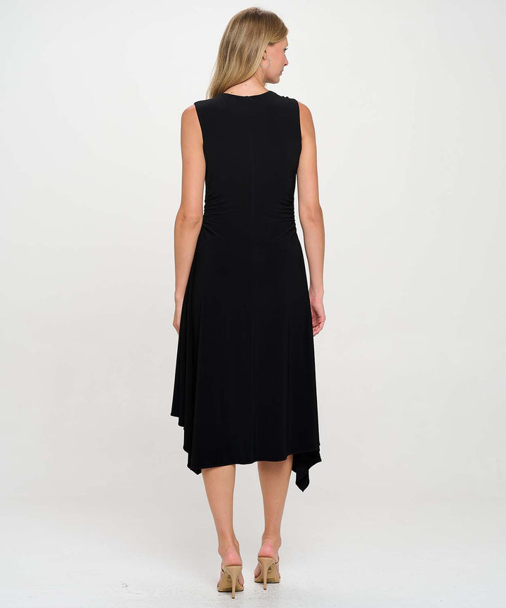 The view from the back of The Last Tango Asymmetrical Sleeveless V Neck Dress with Side Ruching in-front of white studio background.