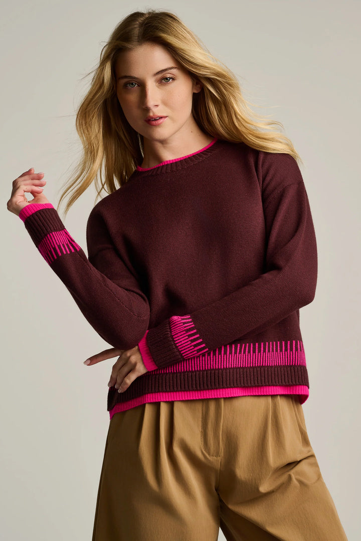 Lisa Todd Point Taken Cotton Sweater in Rum Raisin, showing the vibrant pink contrast trim and graphic hem details.