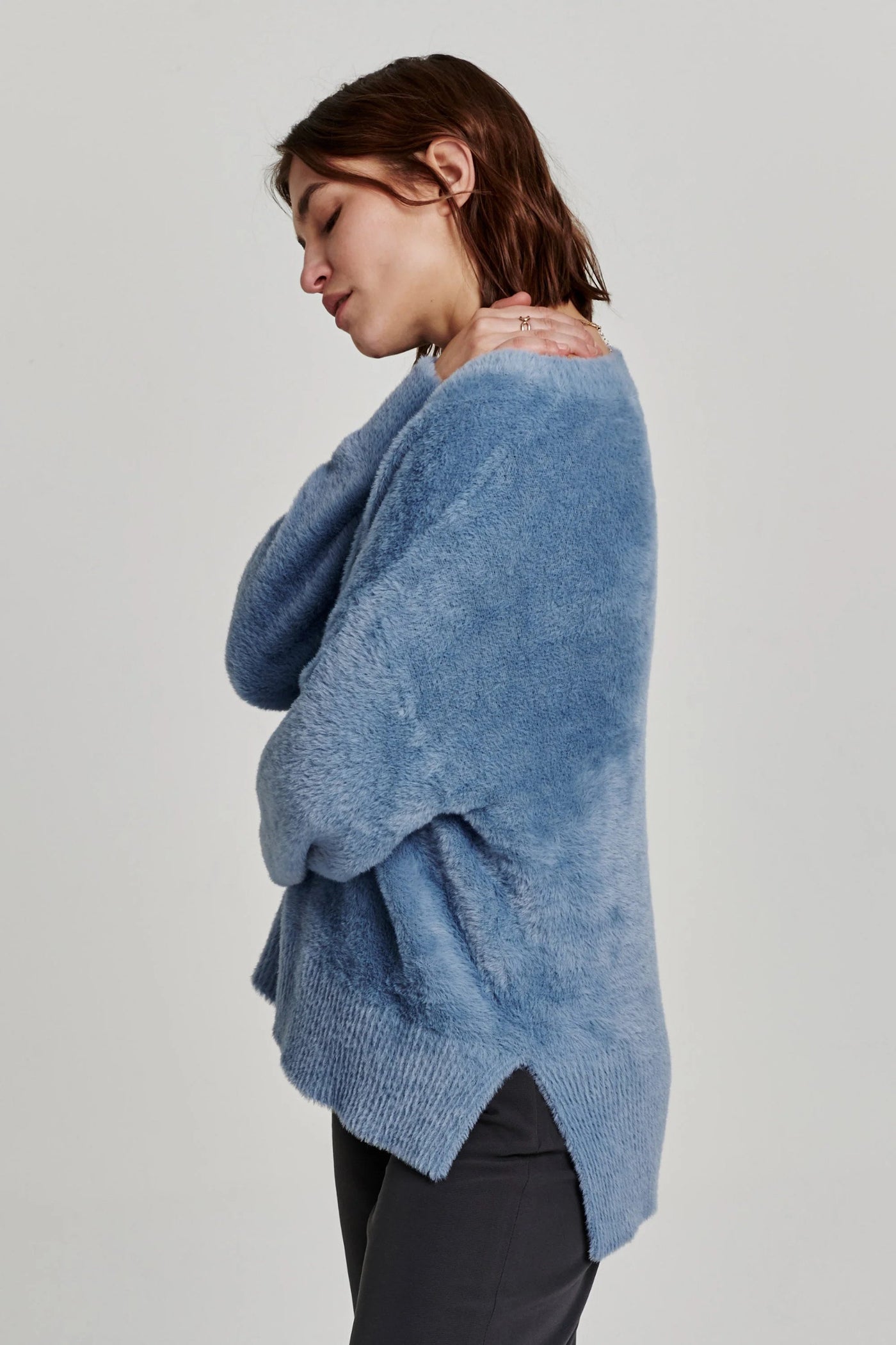 Margarita V-Neck Long Sleeve Sweater Dusty Blue Side.