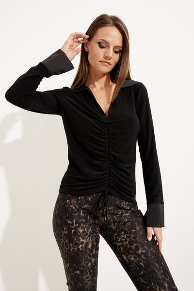 Notched Collar Ruched Top Style 233220 Hand in Hair Pose.