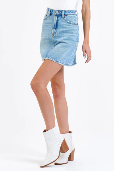 Quinn Denim Skirt Mountain View Close-up Side.