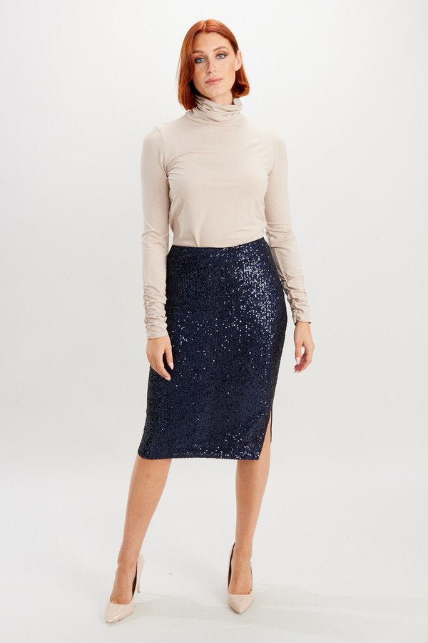 Sequin Pencil Skirt Style 234259 Midnight Blue Fulle Front.