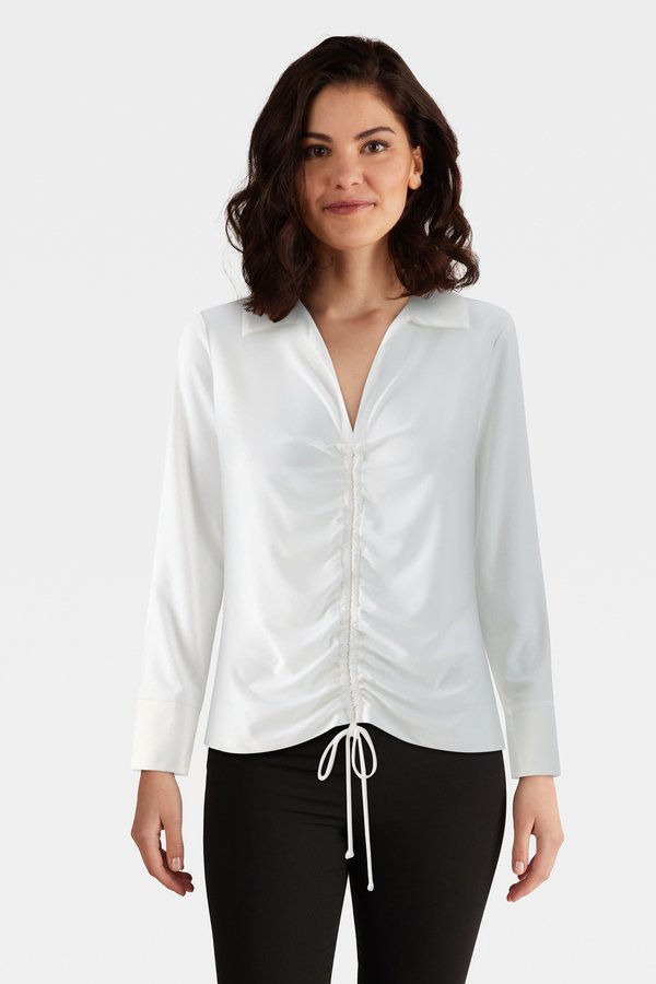 Notched Collar Ruched Top Style 233220 in White.