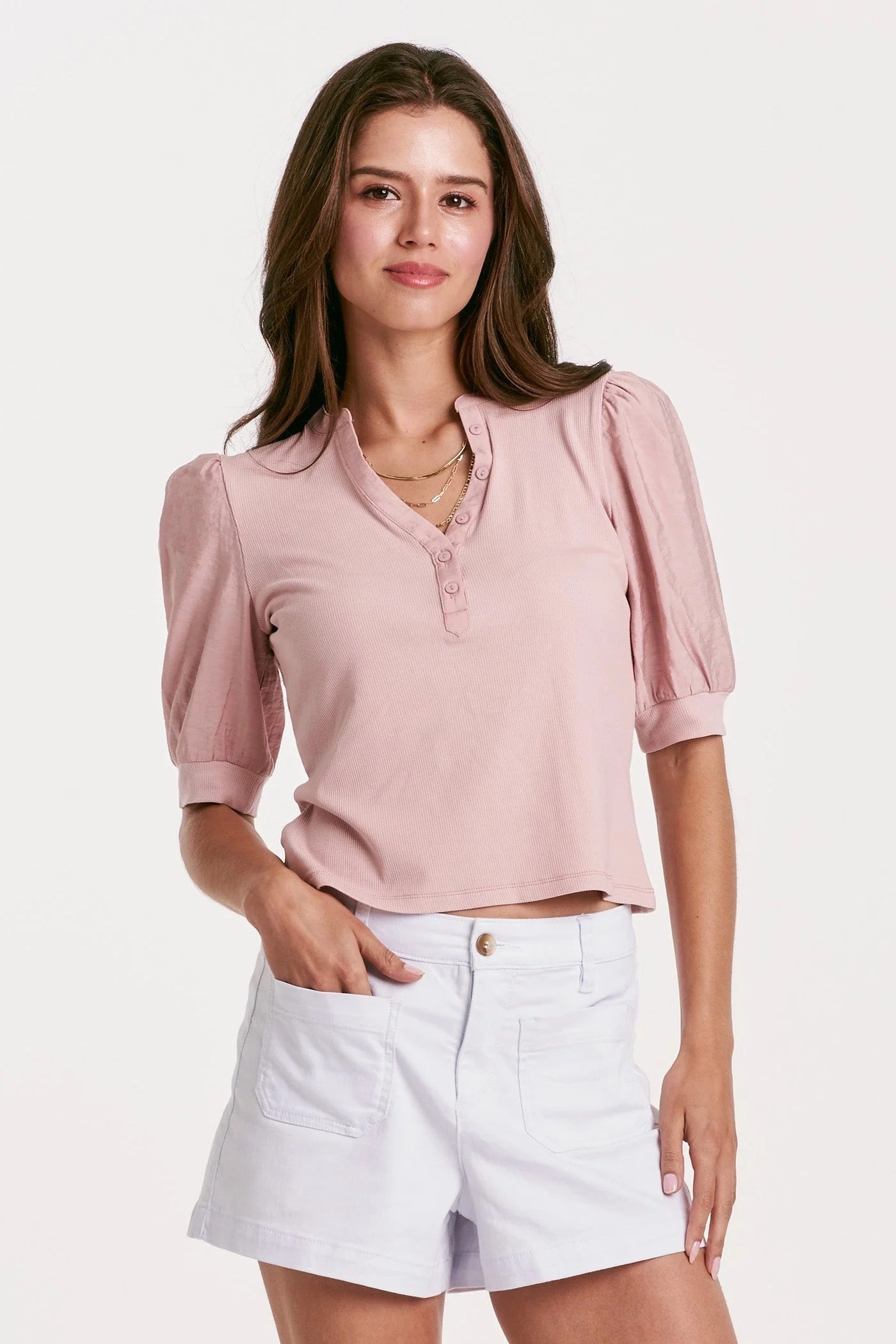 Tanner Puff Sleeve Henley Rose Smoke  Front