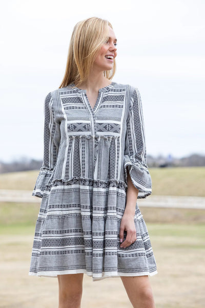 Tiered Tunic Dress With Flounce Sleeves Model Pose Front.