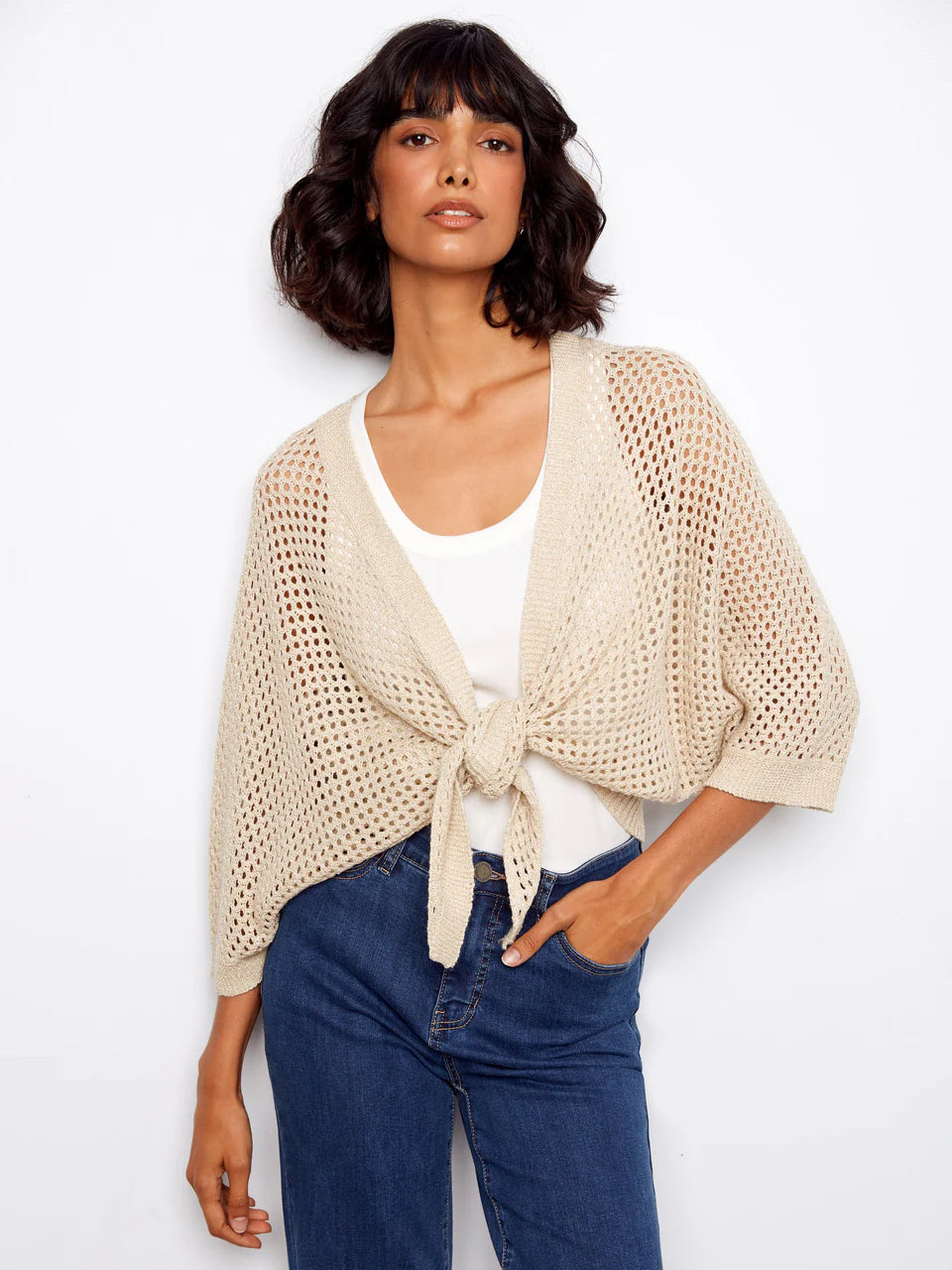 Charlie B Crochet Lurex Tie-Front Bolero - Gold 1