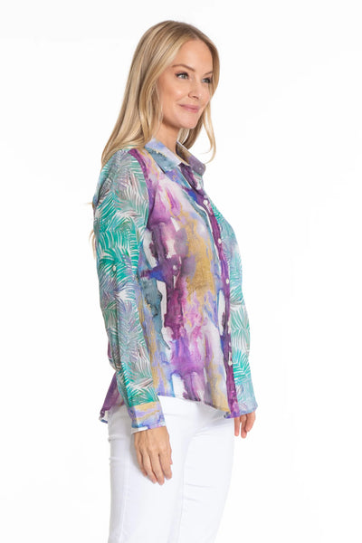 Tropical Palm Mixed Print Button-up with Roll Tab Sleeves Side.