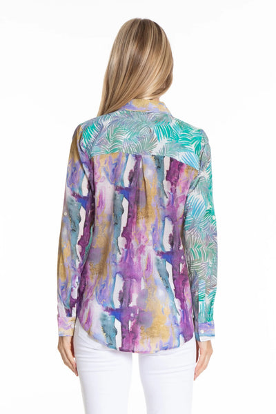Tropical Palm Mixed Print Button-up with Roll Tab Sleeves Back.