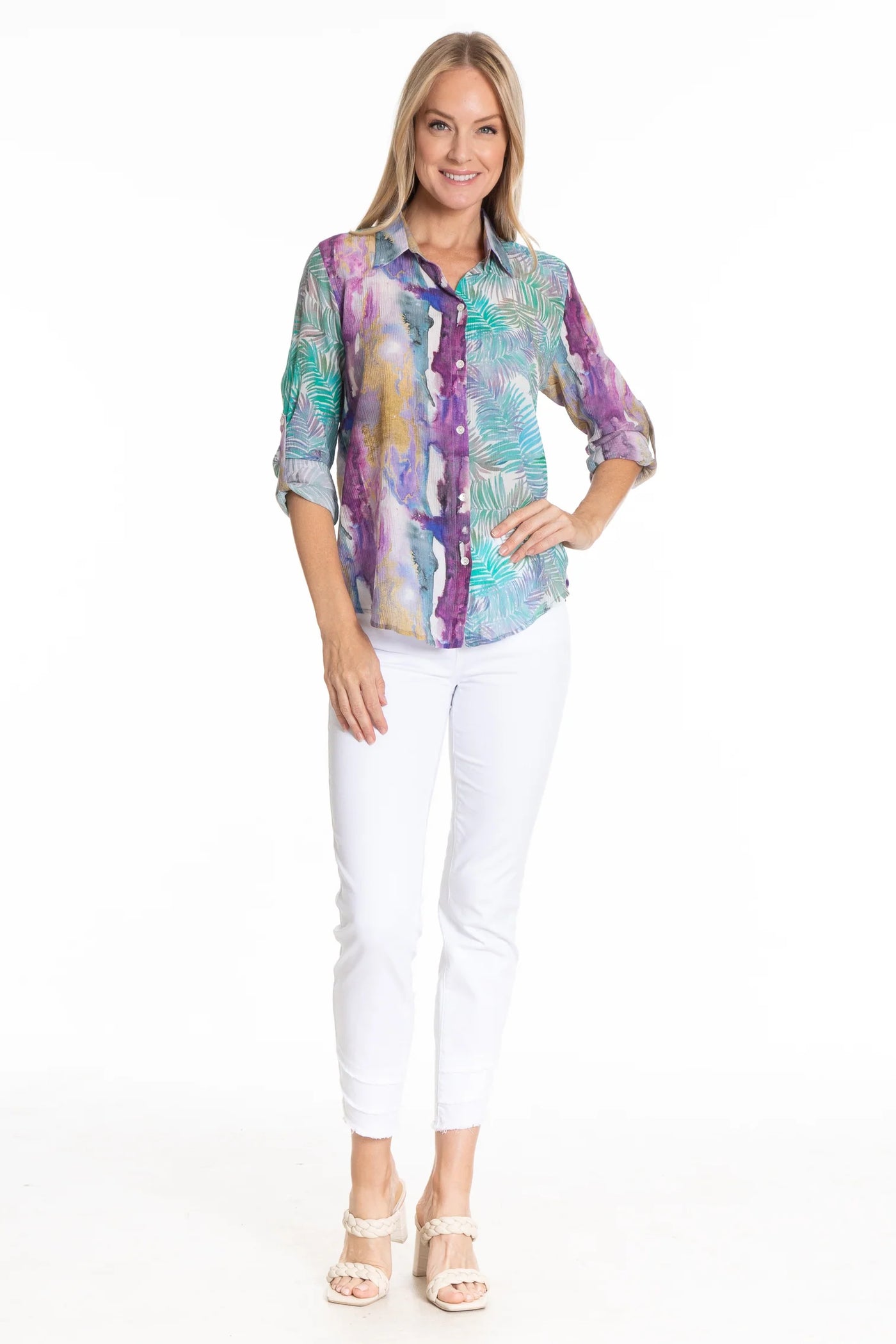 Tropical Palm Mixed Print Button-up with Roll Tab Sleeves Front Full.