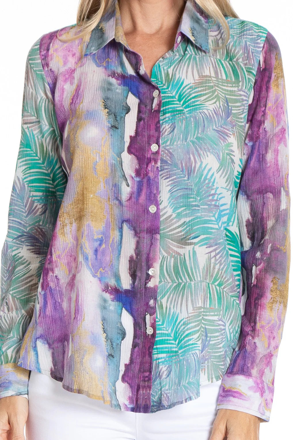 Tropical Palm Mixed Print Button-up with Roll Tab Sleeves Close-up Detail.