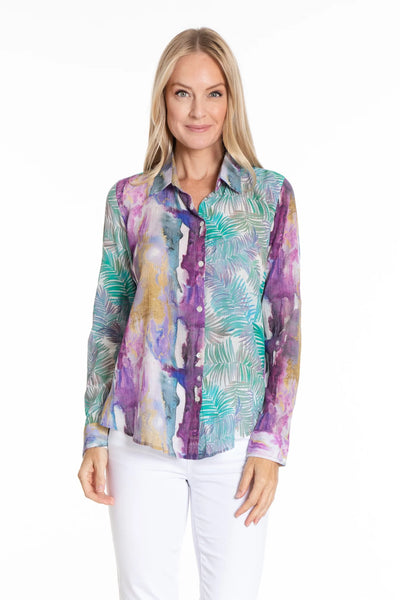 Tropical Palm Mixed Print Button-up with Roll Tab Sleeves Front, Close-up.