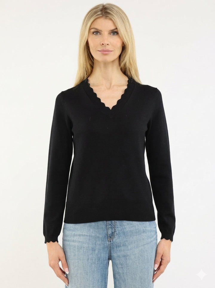 Metric Knits Scalloped Neck Long Sleeve Pullover in black, showcasing the delicate neckline details.