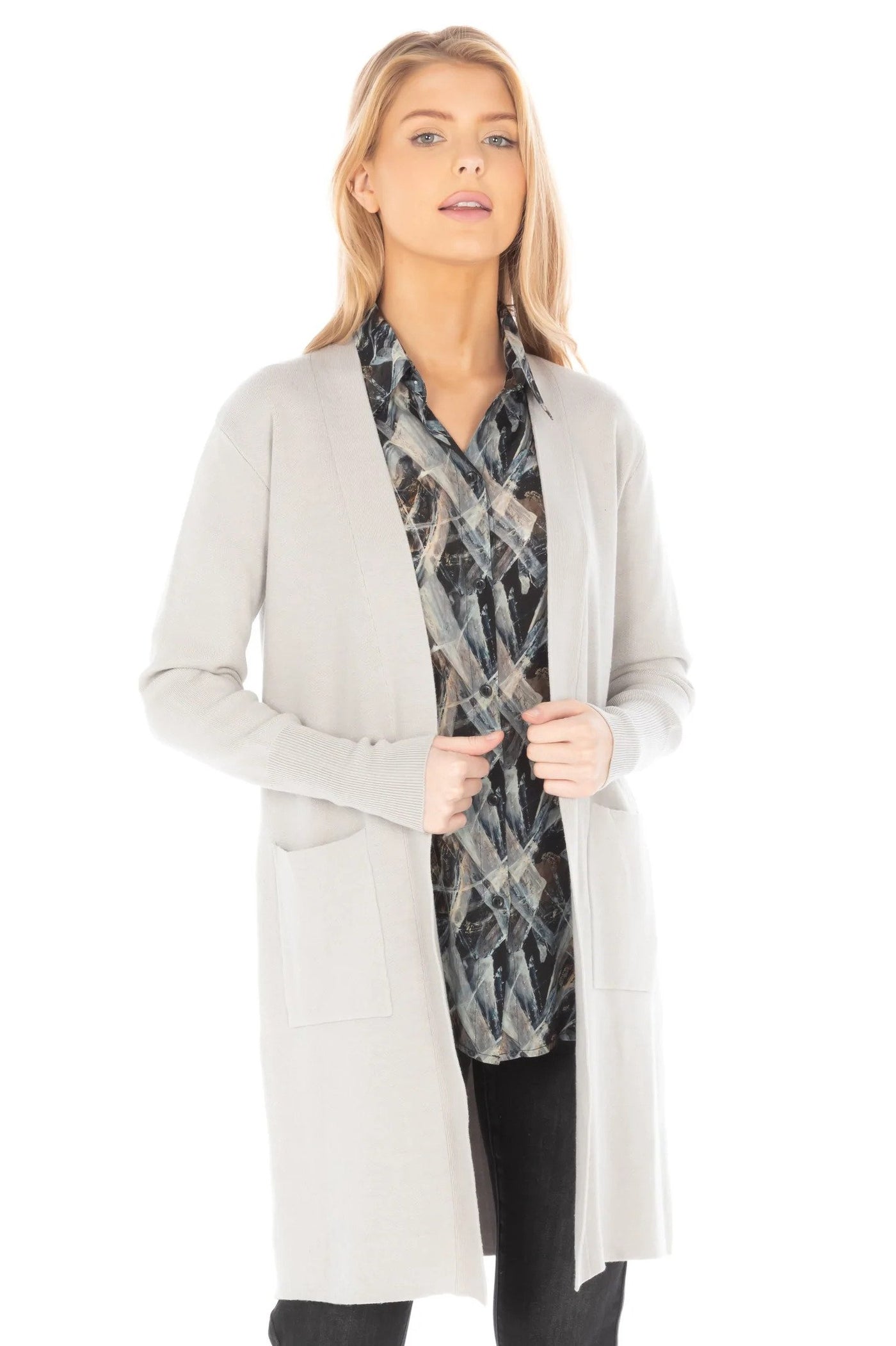 APNY Open Front Cardigan With Back Button Detail Front.