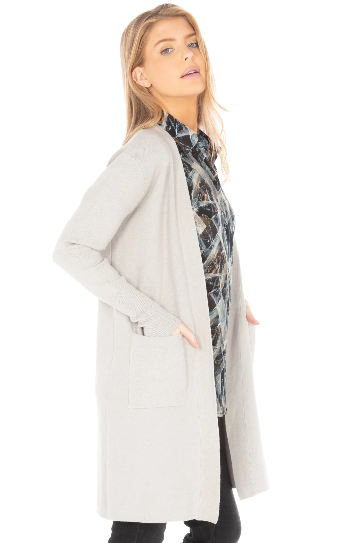APNY Open Front Cardigan With Back Button Detail Side.