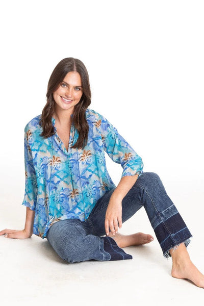 APNY Portuguese Inspired Tile Print Tunic Sitting on the Floor.