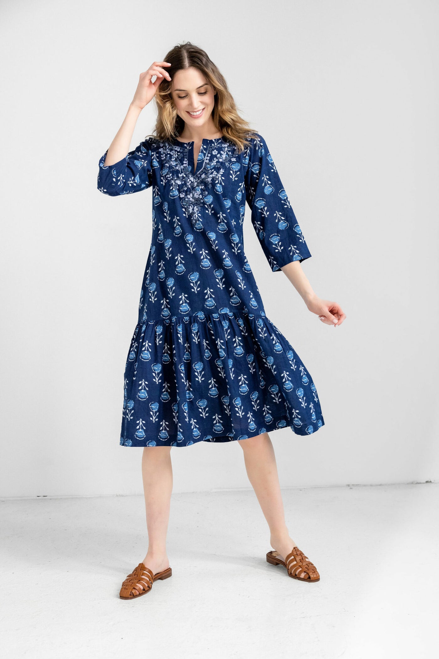 Amaya Julie Midi Dress Blue Action Pose.