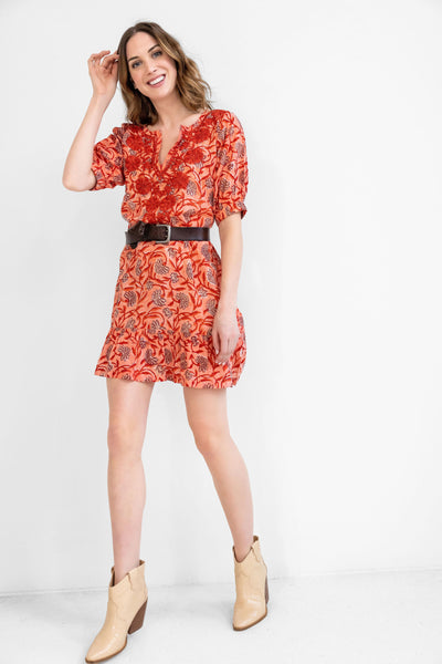 Amaya Keely Papaya Cotton Dress Walking Pose.
