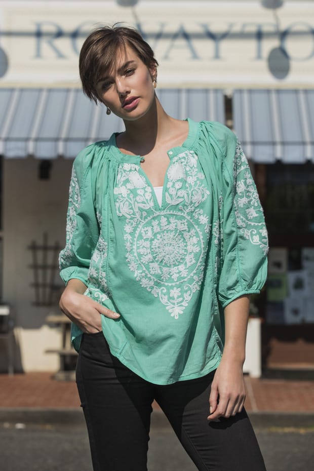 Amaya Textiles Eliza Aqua Cotton Top, the perfect summer top. Shop Village Vogue.