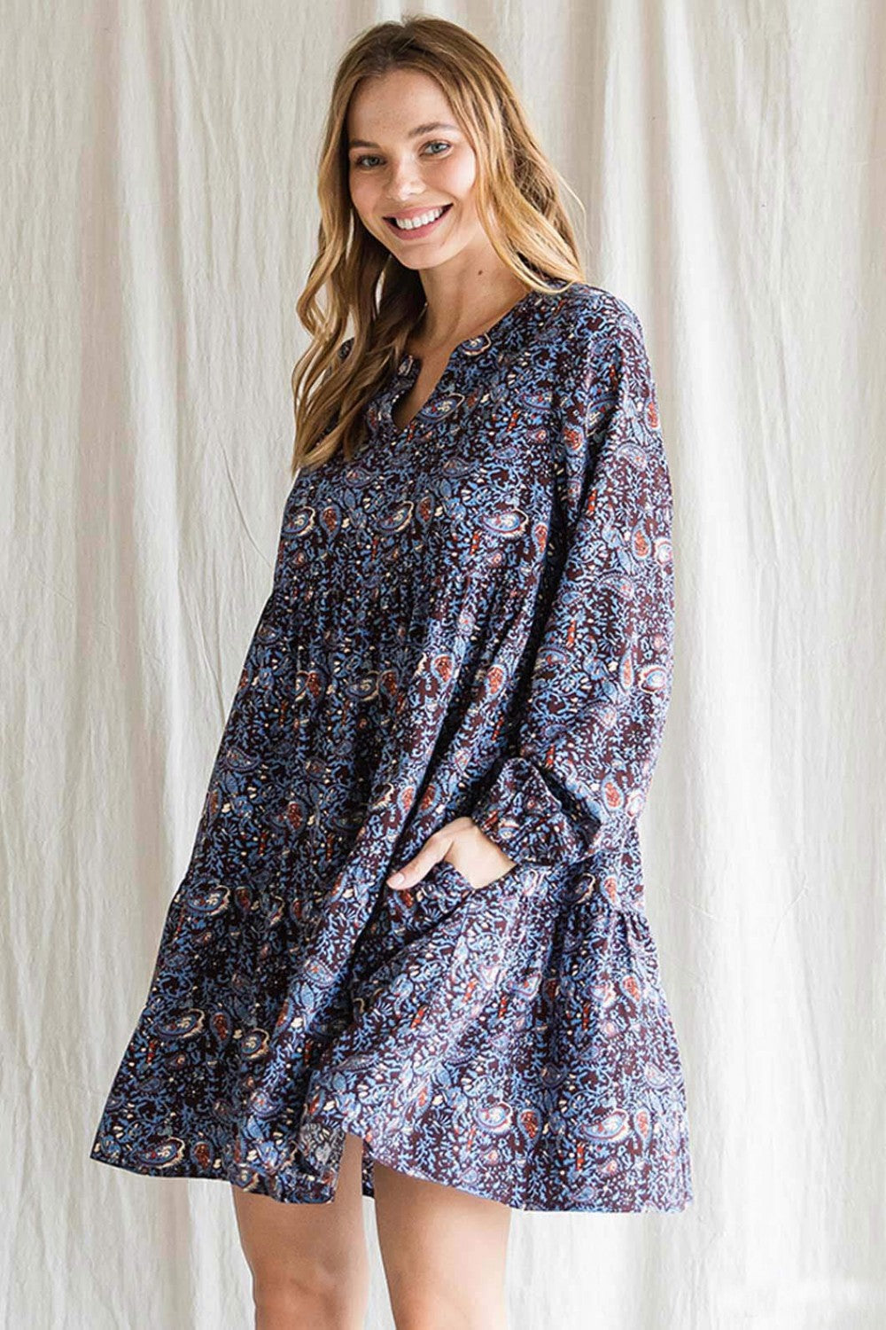Cotton Bleu Boho Paisley Print Dress Twirl.
