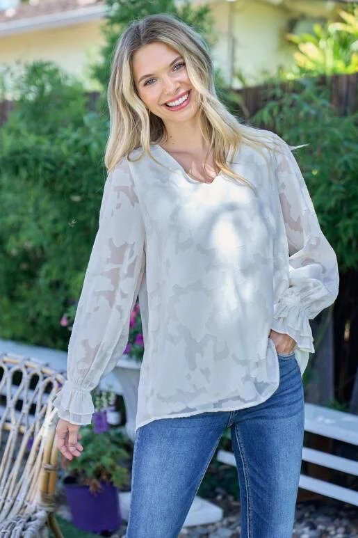 Hailey & Co V-neck Jacquard Top Front Pose.