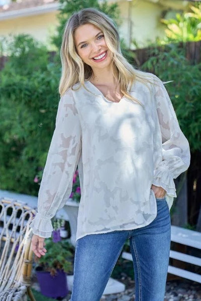 Hailey & Co V-neck Jacquard Top Front Pose.