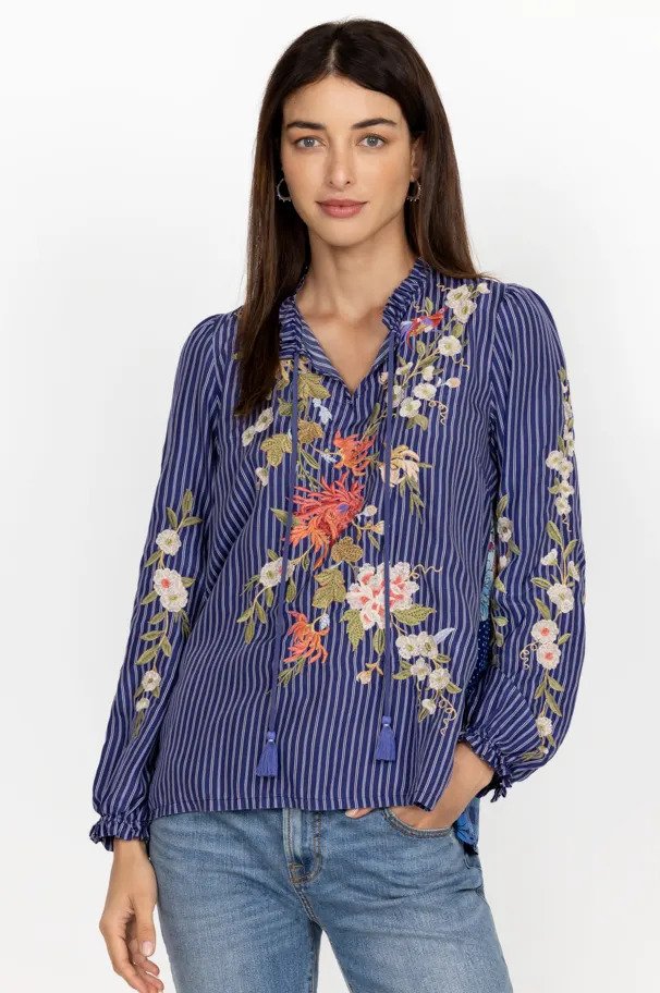 Johnny Was Nalina Ruffle Scarf Back Blouse Front.