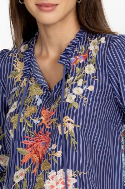 Johnny Was Nalina Ruffle Scarf Back Blouse Close-up.