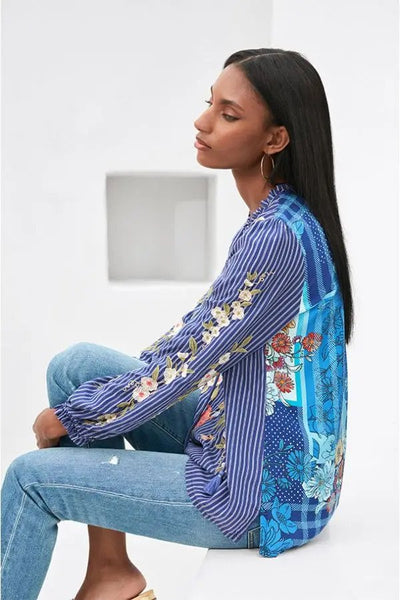 Johnny Was Nalina Ruffle Scarf Back Blouse Studio Pose.
