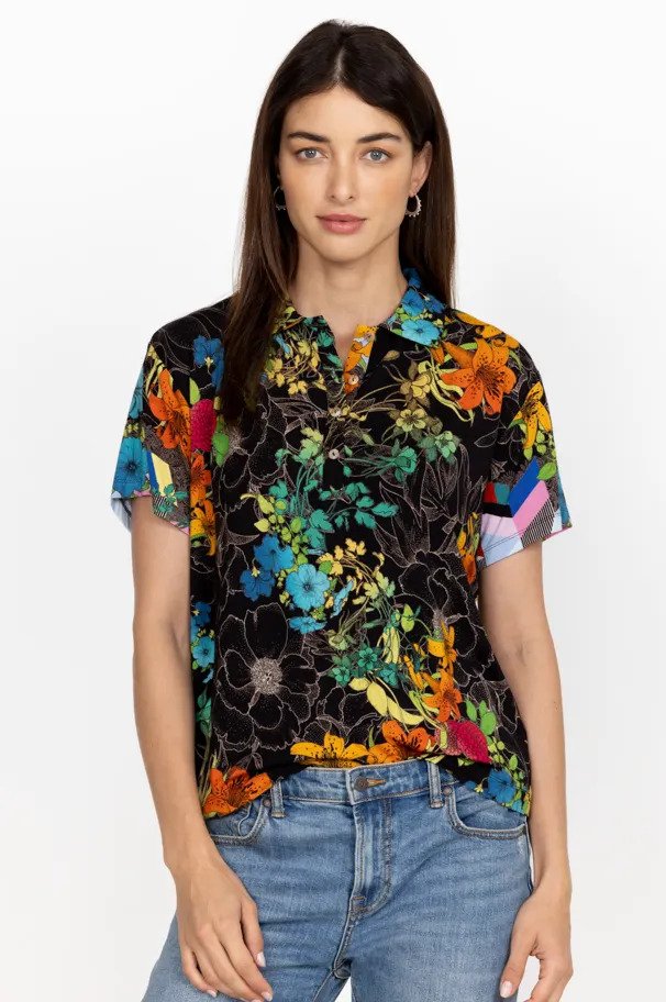 Johnny Was Nero Sequence Short Sleeve Polo Tee Front.