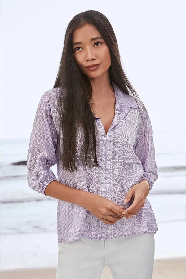 Johnny Was Orla Wanderer Blouse on the beach.