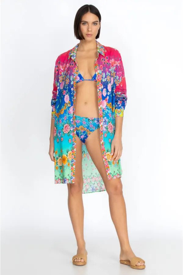 Johnny Was Rainbow Midi Shirtdress Cover-up Open Front.