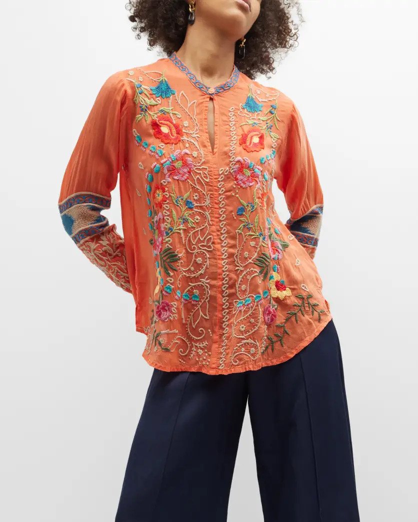 Johnny Was Tamarind Embroidered Georgette Keyhole Blouse Front.
