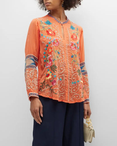 Johnny Was Tamarind Embroidered Georgette Keyhole Blouse Side.