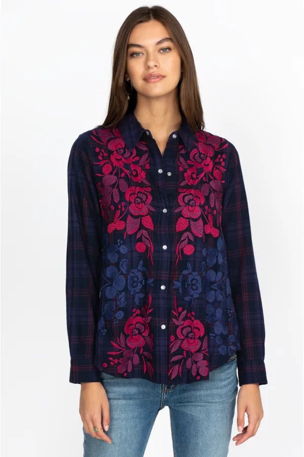 Johnny Was Tuscan Relaxed Plaid Shirt Front.