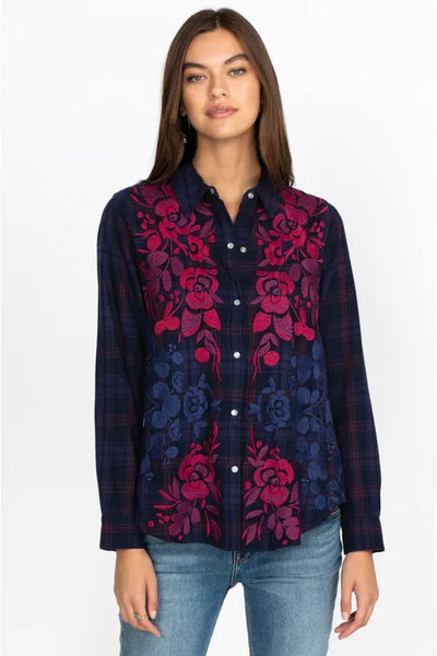 Johnny Was Tuscan Relaxed Plaid Shirt Front.