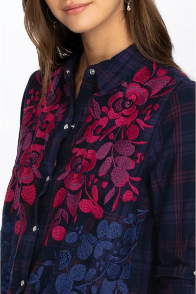 Johnny Was Tuscan Relaxed Plaid Shirt Detail.