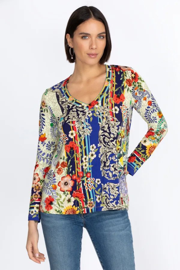 Johnny Was Wild Flower Favorite Long Sleeve V-Neck Swing Tee Front.