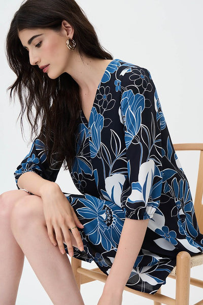 Joseph Ribkoff Floral Print Sheath Dress Style 231099 Pose, Seated.