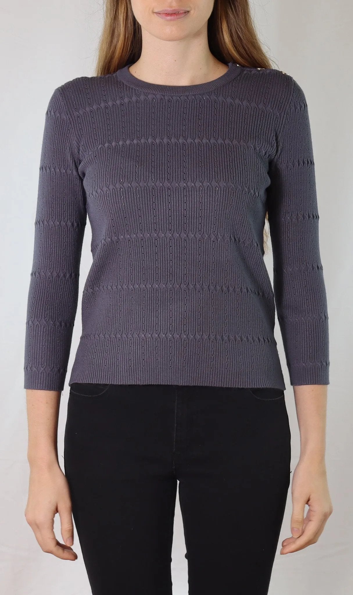 Metric Knits Pointelle Crew Neck sweater front.