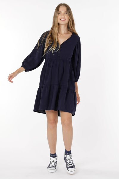 Mododoc 3/4 Sleeve Boho Tiered Dress Rare Navy  Front.