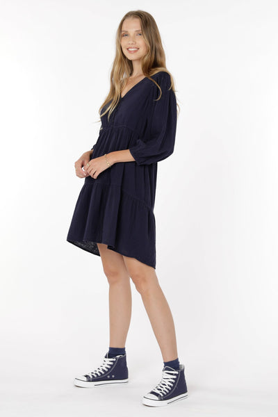 Mododoc 3/4 Sleeve Boho Tiered Dress Rare Navy Side.