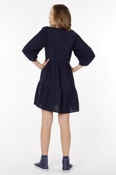 Mododoc 3/4 Sleeve Boho Tiered Dress Rare Navy  Back.