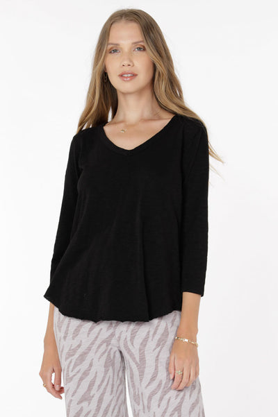 Mododoc 3/4 Sleeve V-Neck Tee with Curved Hem Black Front.