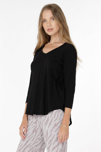 Mododoc 3/4 Sleeve V-Neck Tee with Curved Hem Black Side.