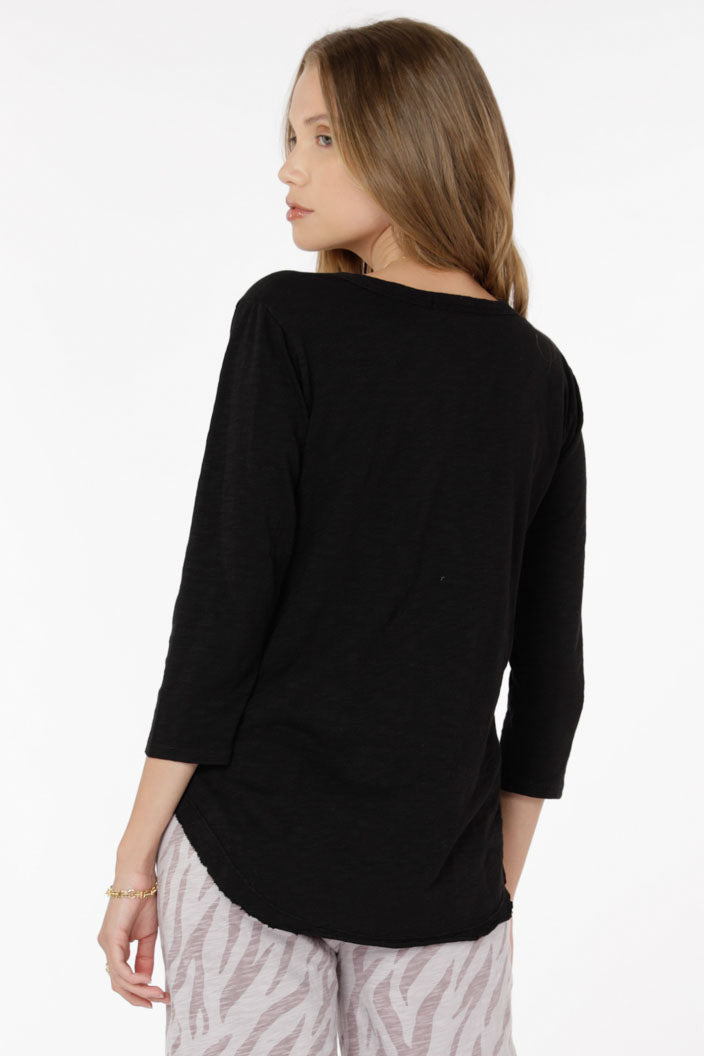 Mododoc 3/4 Sleeve V-Neck Tee with Curved Hem Black Back.