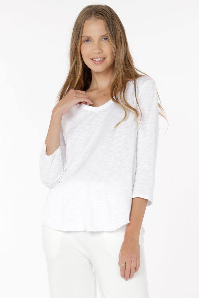 Mododoc 3/4 Sleeve V-Neck Tee with Curved Hem White Front.