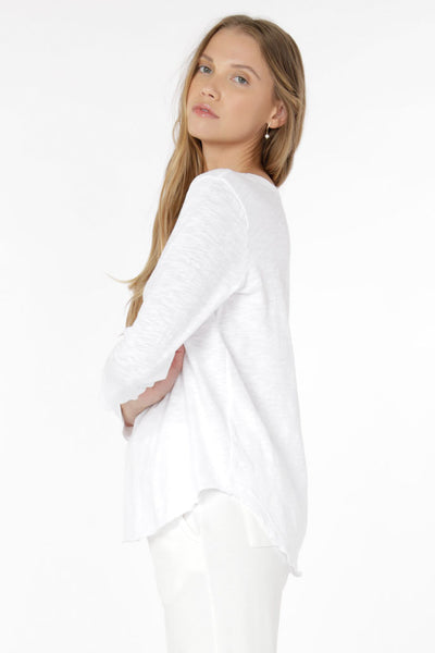 Mododoc 3/4 Sleeve V-Neck Tee with Curved Hem White Side.