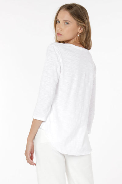 Mododoc 3/4 Sleeve V-Neck Tee with Curved Hem White Back.